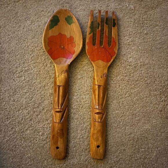Hawaii Tiki 13” Kitchen Fork & Spoon Tongs Hand Carved Wood - Picture 1 of 5